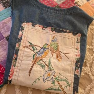 Upcycled denim vest w bird embroidery, Plus Size, HANDMADE ITEM